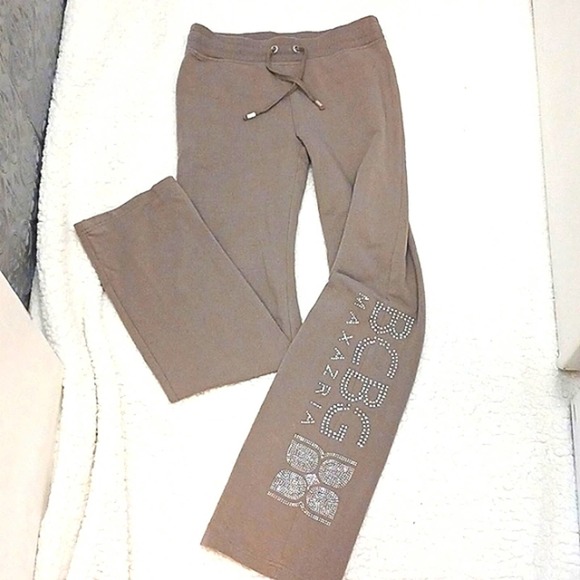 BCBGMaxAzria Lounge Pants Sz S Sparkle Studs Beads Letters TAUPE TAN - Picture 13 of 14